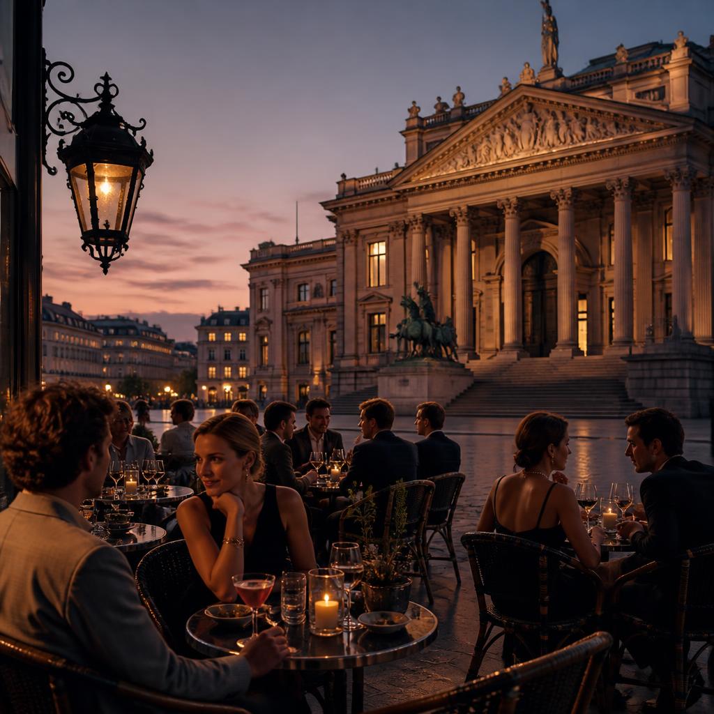 Het terras van Madonna voor het KMSKA bij schemer