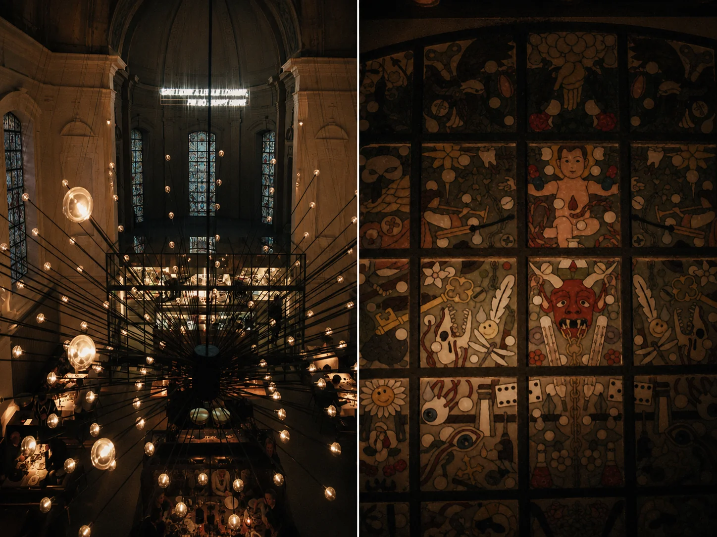 Het interieur van The Jane in de voormalige kapel, met de lichtsculptuur en het gebrandschilderde raam