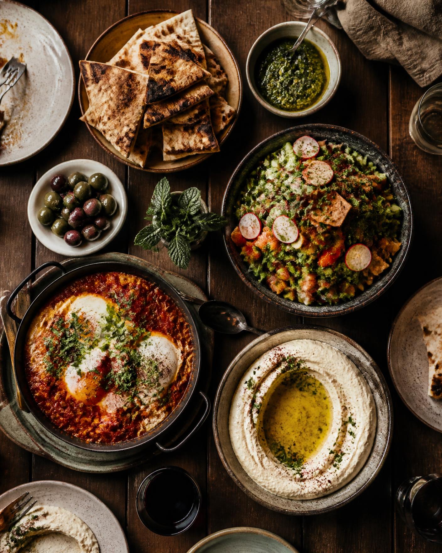Gedekte tafel met hummus, shakshuka, fattoush en flatbread