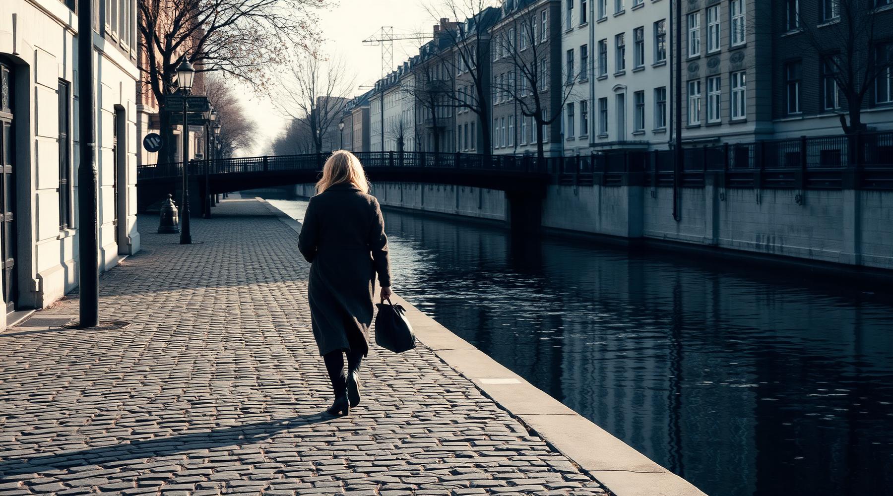 Vrouw wandelt langs een kade van de Antwerpse ruien